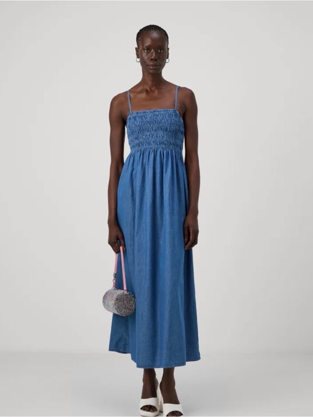 Gap blue denim midi dress with smocked bodice